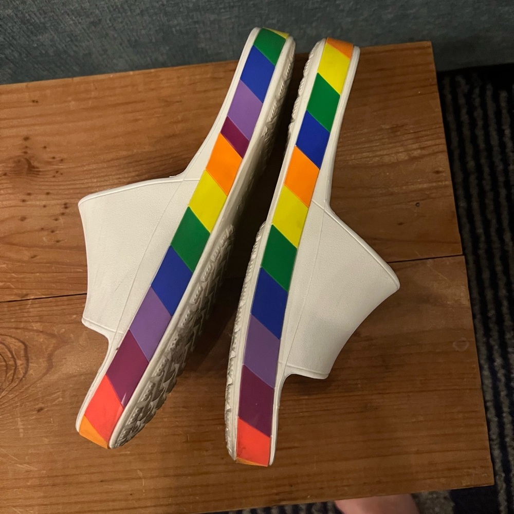 Crocs comfort slides white and rainbow
